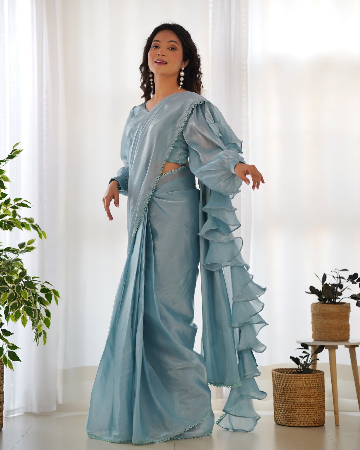 Ice Grey Ready-To-Wear Jimmy Choo Organza Saree With Ruffle