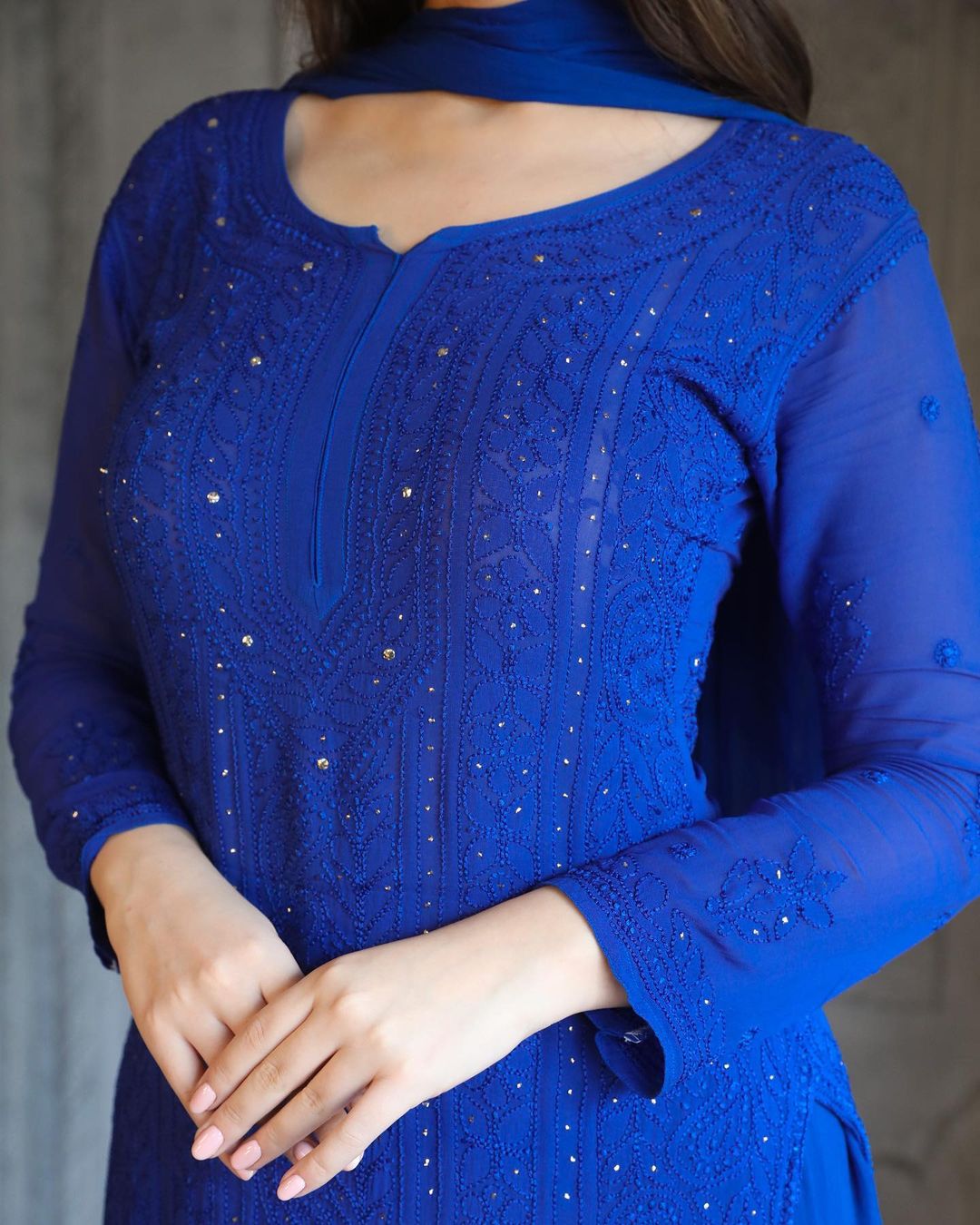 Blue Viscose Georgette Chikankari Kurta With Palazzo And Dupatta