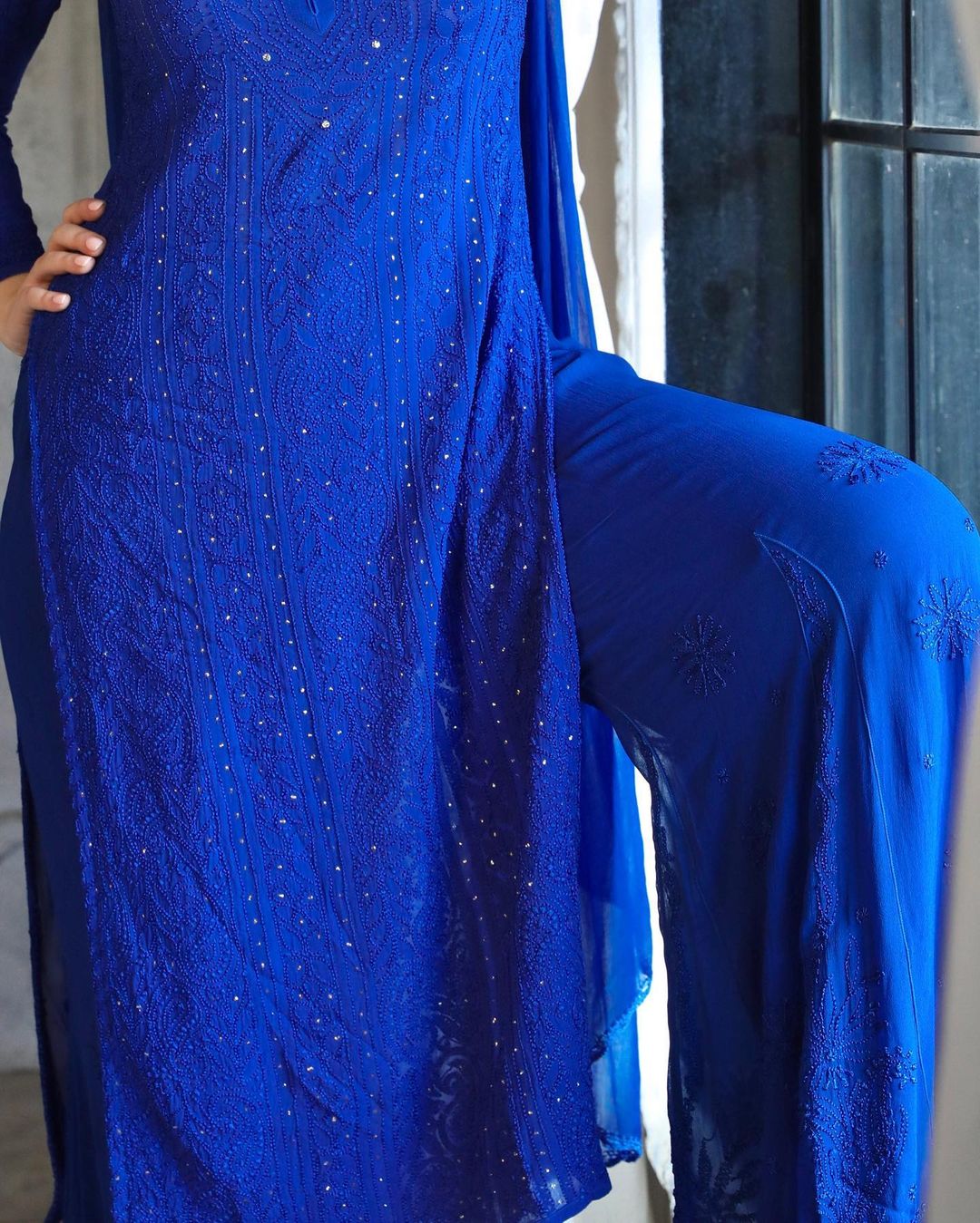 Blue Viscose Georgette Chikankari Kurta With Palazzo And Dupatta