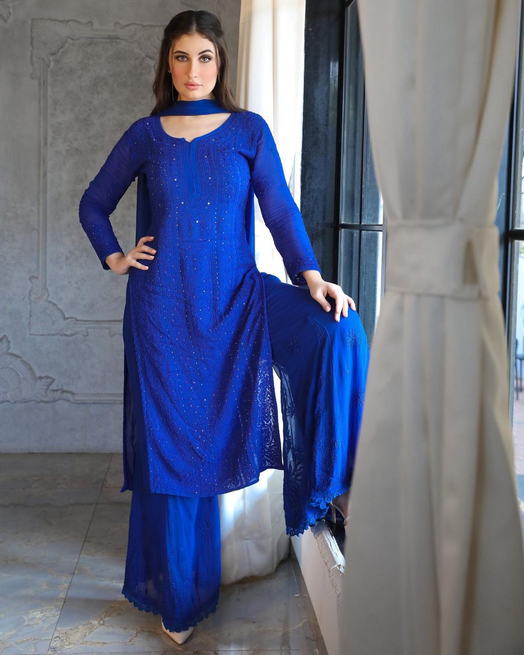 Blue Viscose Georgette Chikankari Kurta With Palazzo And Dupatta