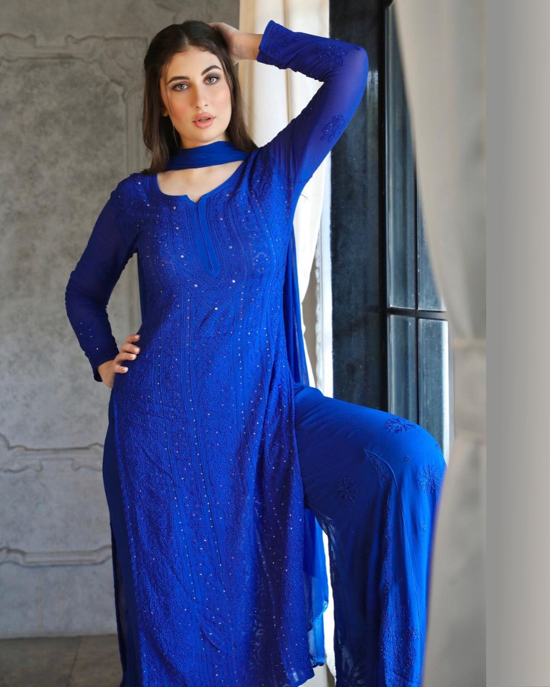 Blue Viscose Georgette Chikankari Kurta With Palazzo And Dupatta