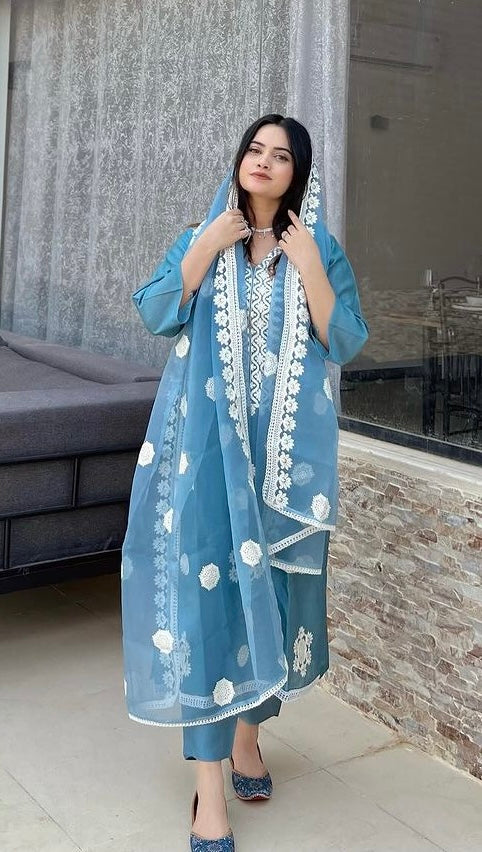 Shy Yskyblue Cotton Embroidery Sequence Work Kurta Set