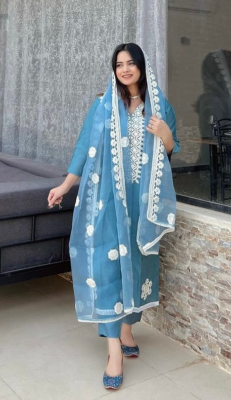 Shy Yskyblue Cotton Embroidery Sequence Work Kurta Set