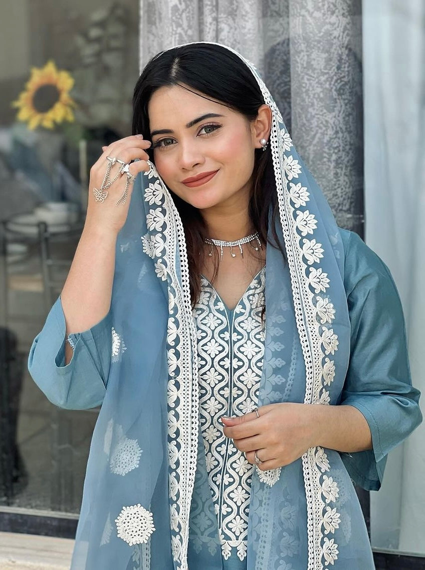 Shy Yskyblue Cotton Embroidery Sequence Work Kurta Set