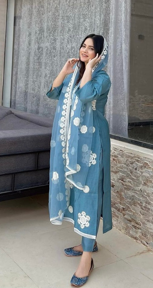 Shy Yskyblue Cotton Embroidery Sequence Work Kurta Set