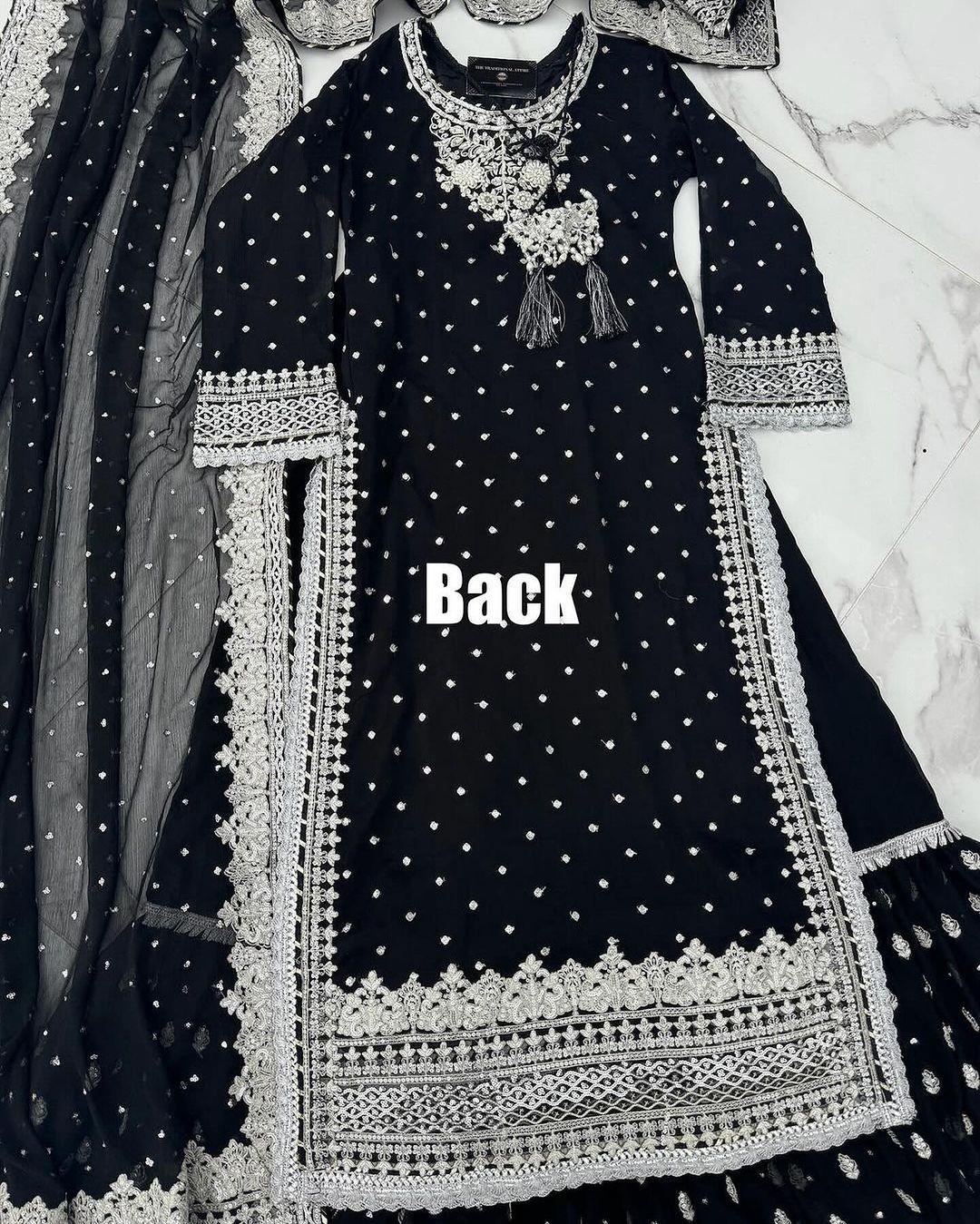 Black Fox Georgette Embroidery Sequence Work Sharara Suit And Dupatta Set