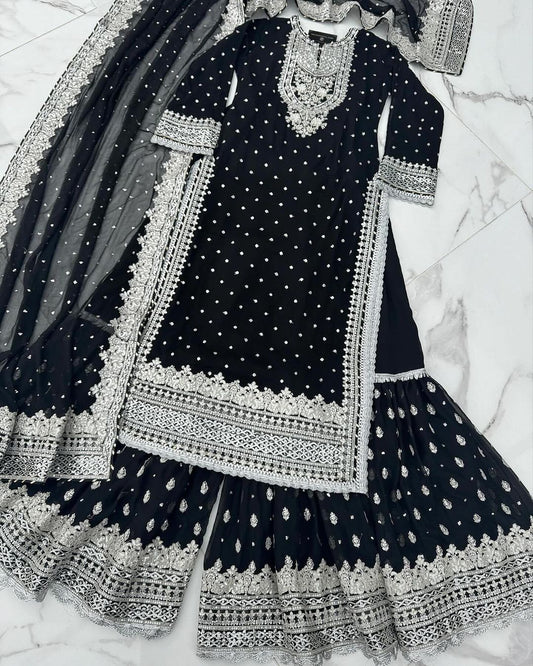 Black Fox Georgette Embroidery Sequence Work Sharara Suit And Dupatta Set