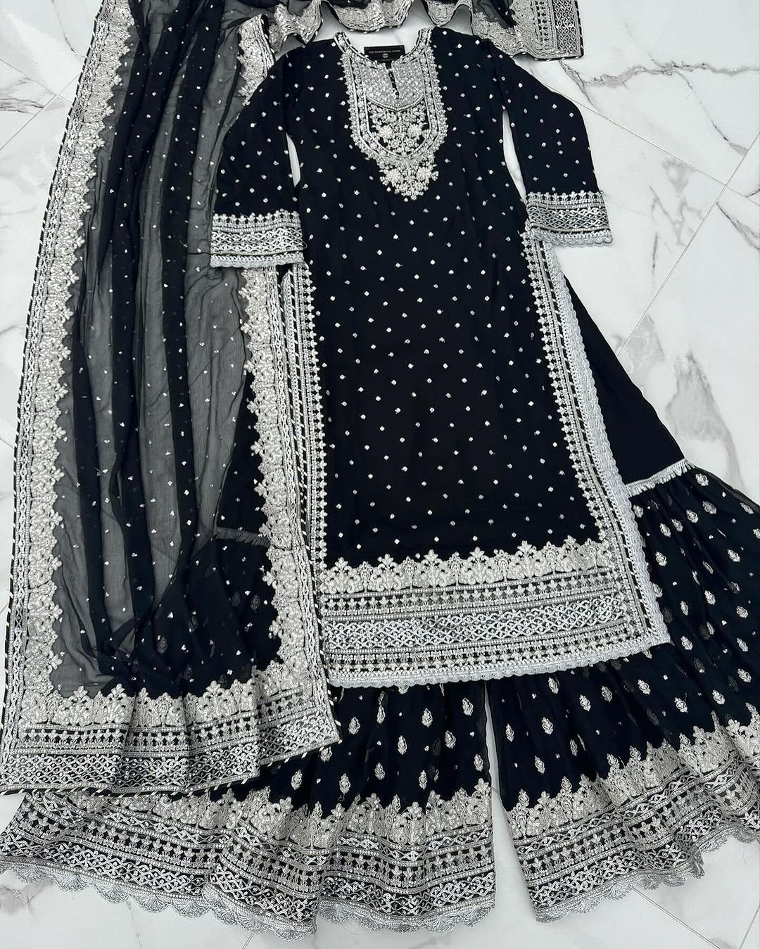 Black Fox Georgette Embroidery Sequence Work Sharara Suit And Dupatta Set