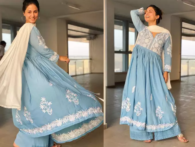 Hina Khan SkyBlue Rayon Chikankari Kurta With Palazzo