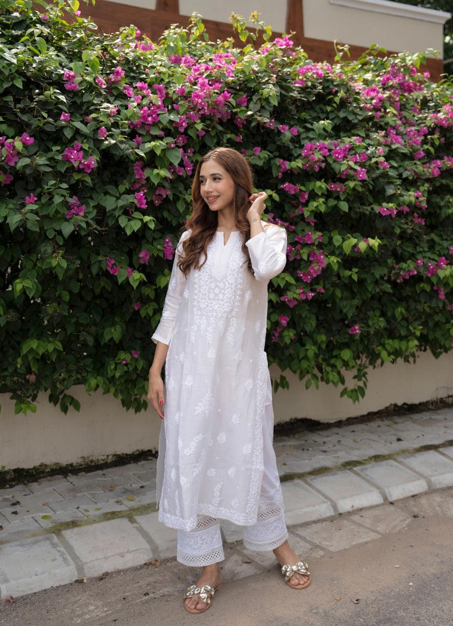 Wisdom White Rayon Chikankari Kurta With Palazzo