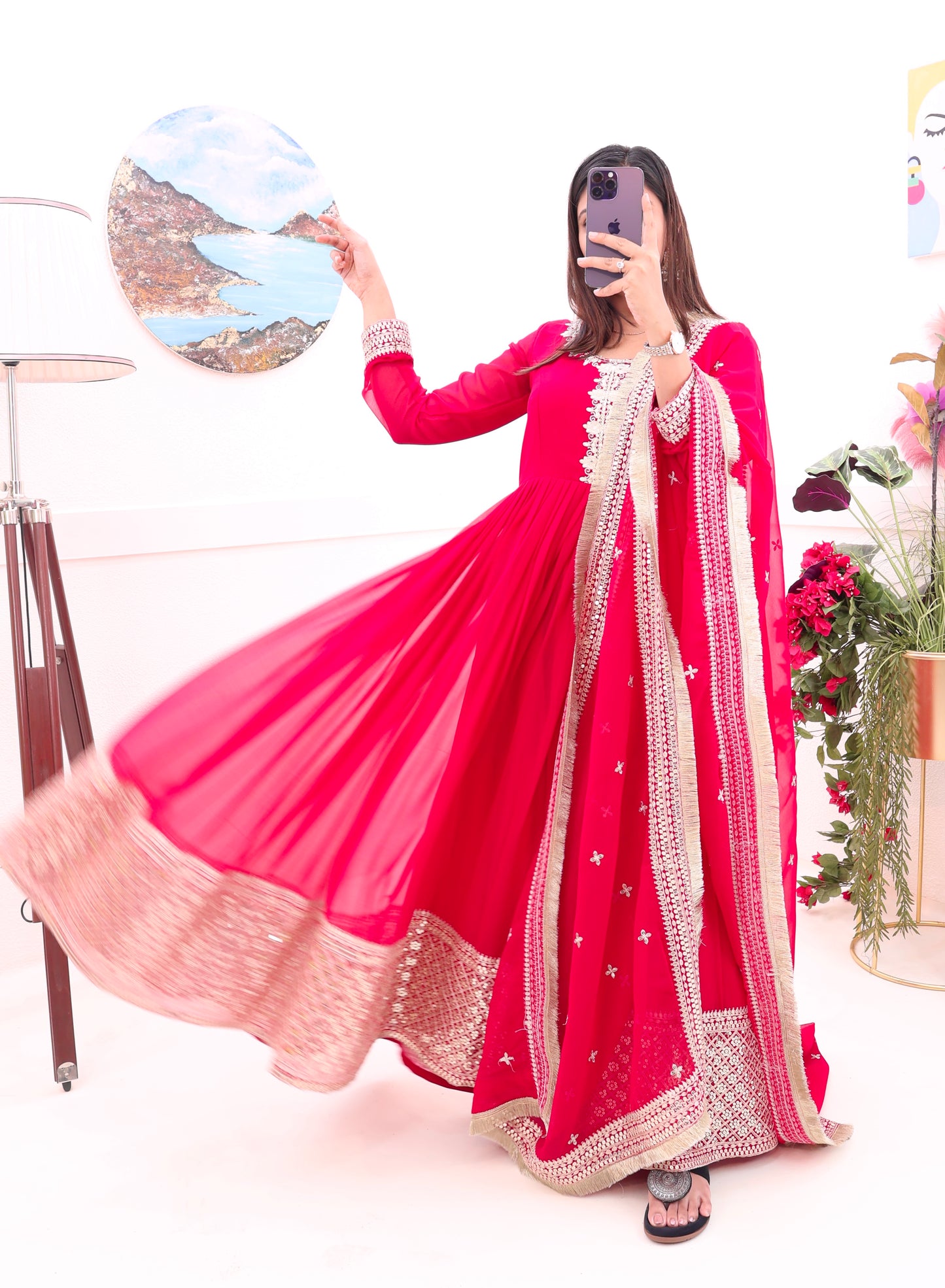 Hot Pink And Morpich Fox Georgette Embroidery Codding Sequence Work Gown Dupatta Set