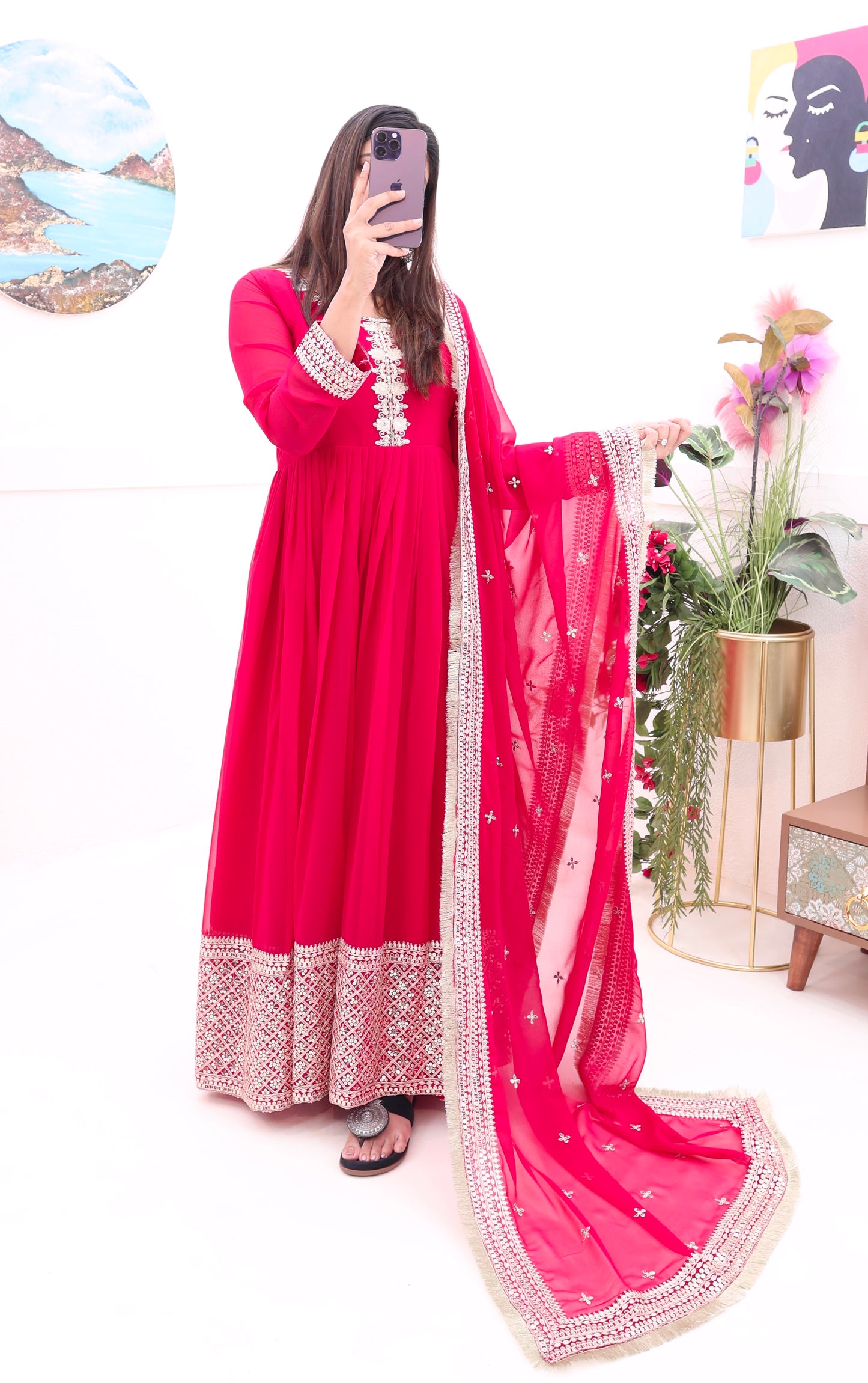 Hot Pink And Morpich Fox Georgette Embroidery Codding Sequence Work Gown Dupatta Set