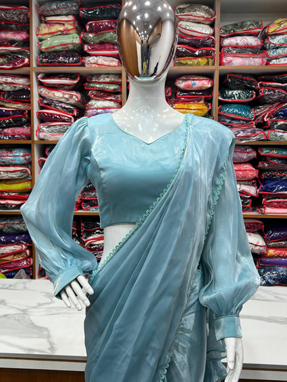 Ice Grey Ready-To-Wear Jimmy Choo Organza Saree With Ruffle