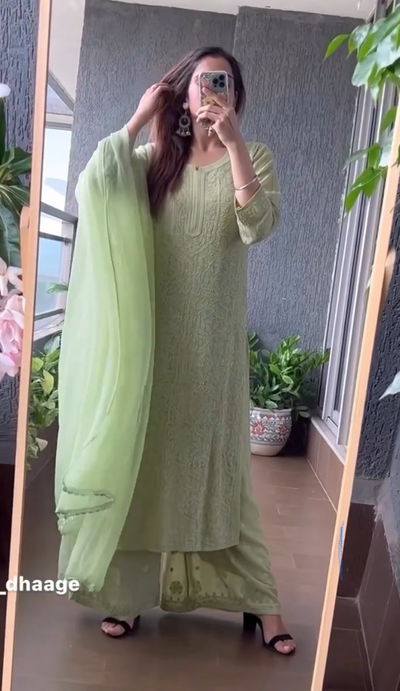 Viscose Georgette Chikankari Kurta With Palazzo And Dupatta