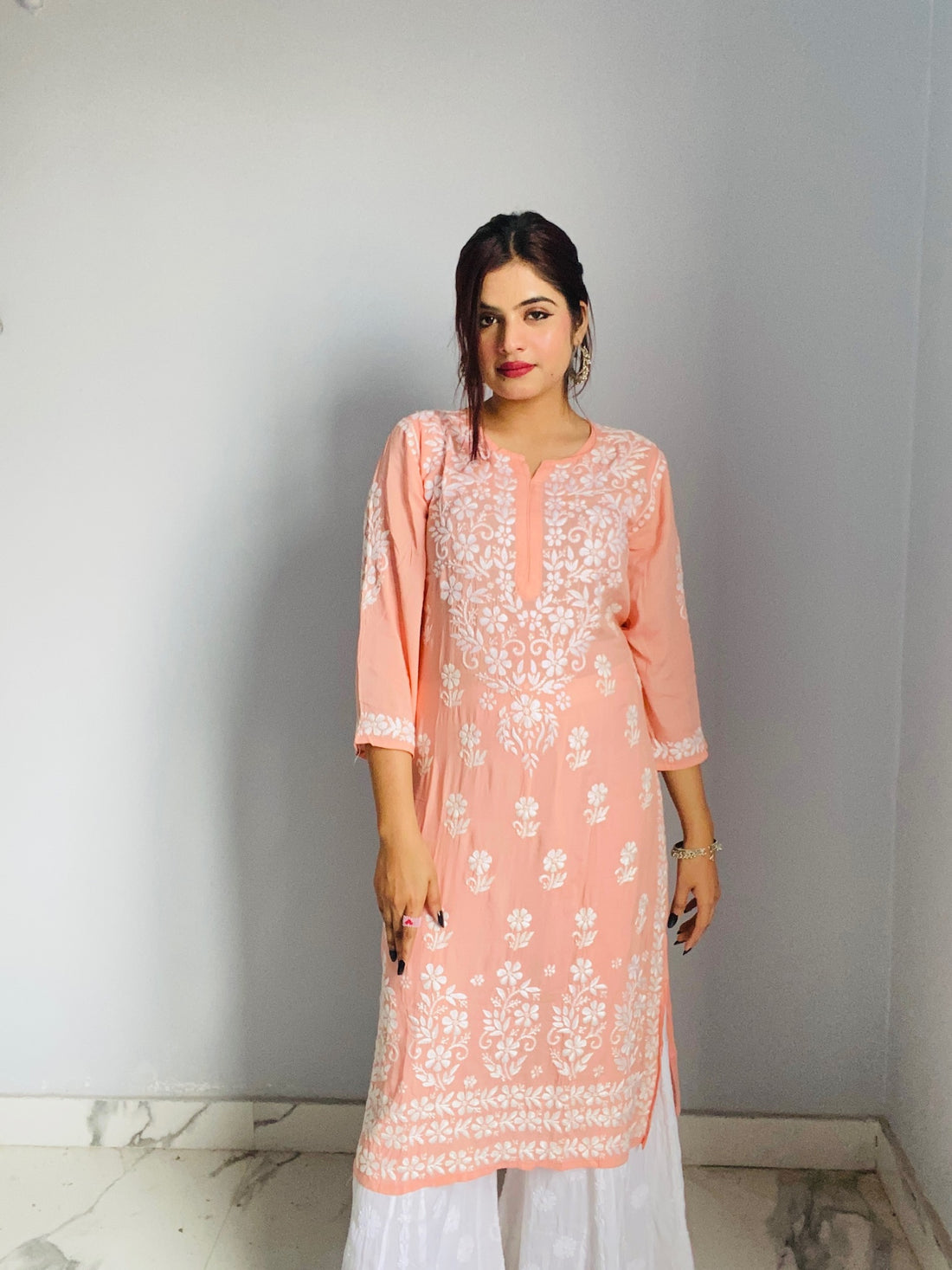 Crstal Rayon Cotton Chikankari Kurta With Palazzo