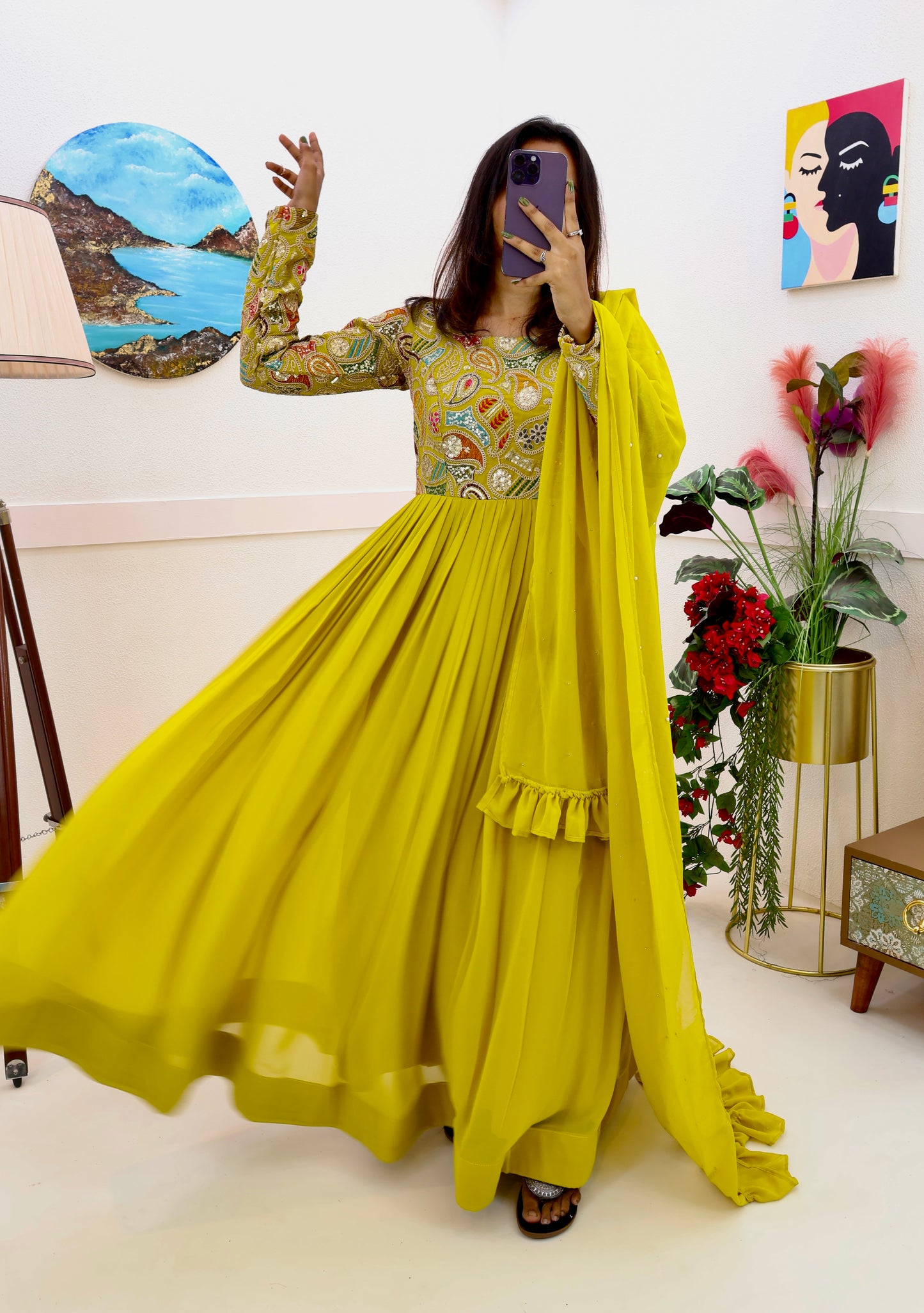 Yellow And Green Fox Georgette Embroidery Gown