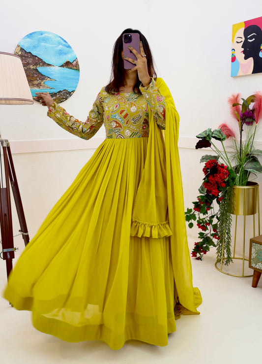 Yellow And Green Fox Georgette Embroidery Gown