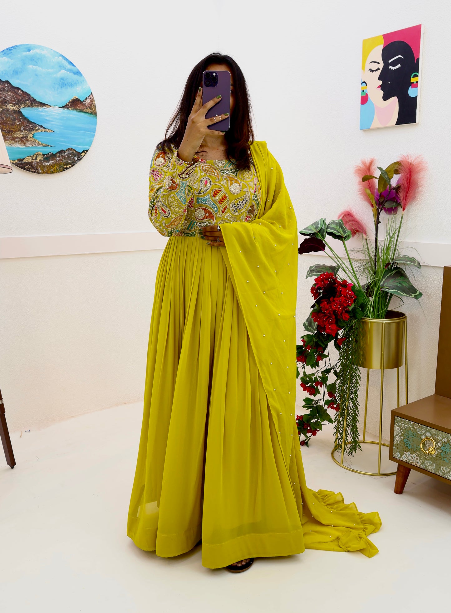 Yellow And Green Fox Georgette Embroidery Gown