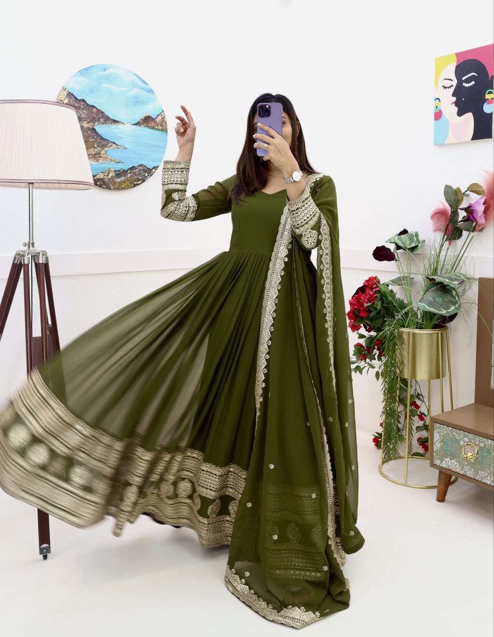 Green Fox Georgette Embroidery Sequence Work Gown