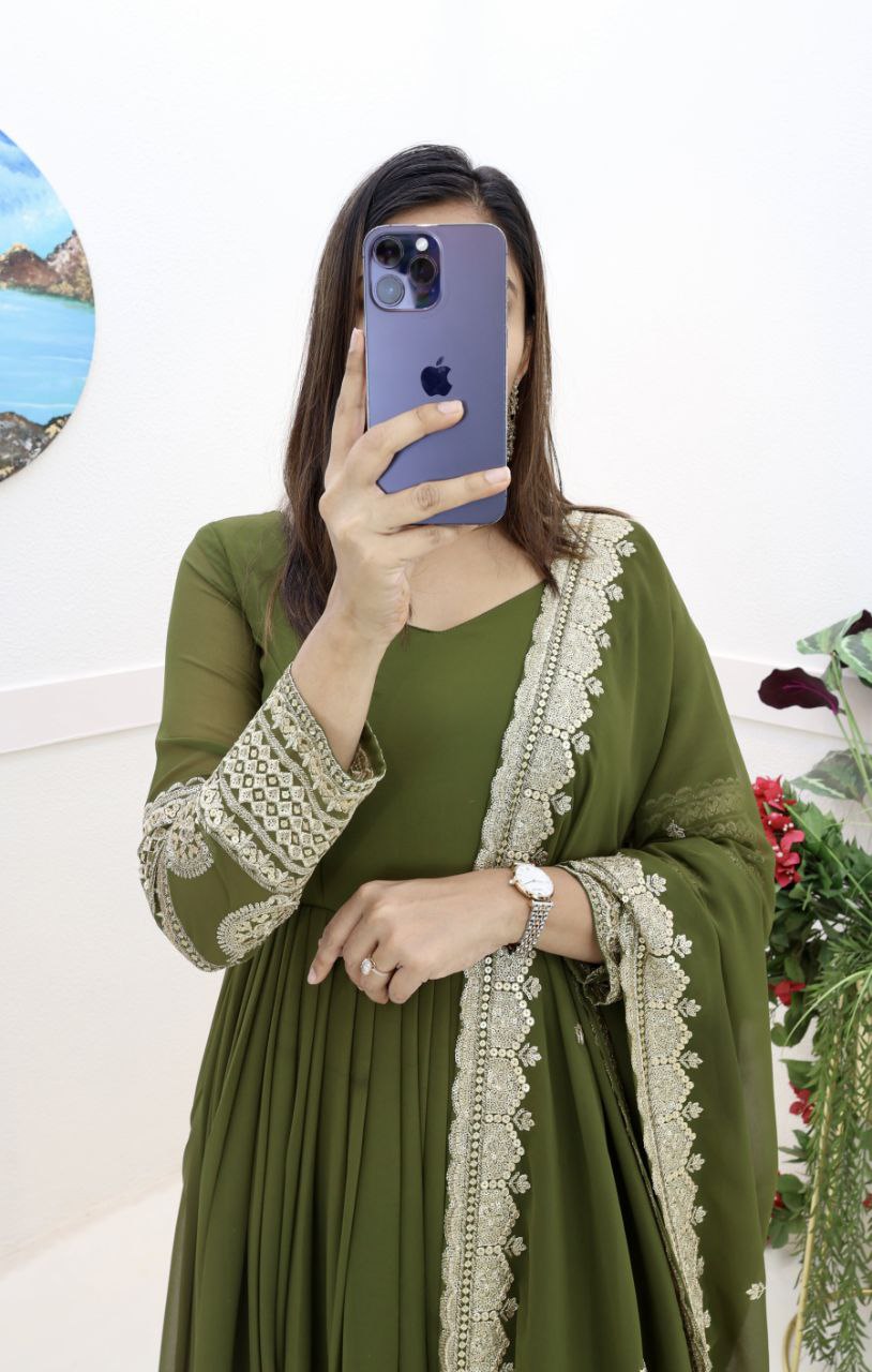 Green Fox Georgette Embroidery Sequence Work Gown