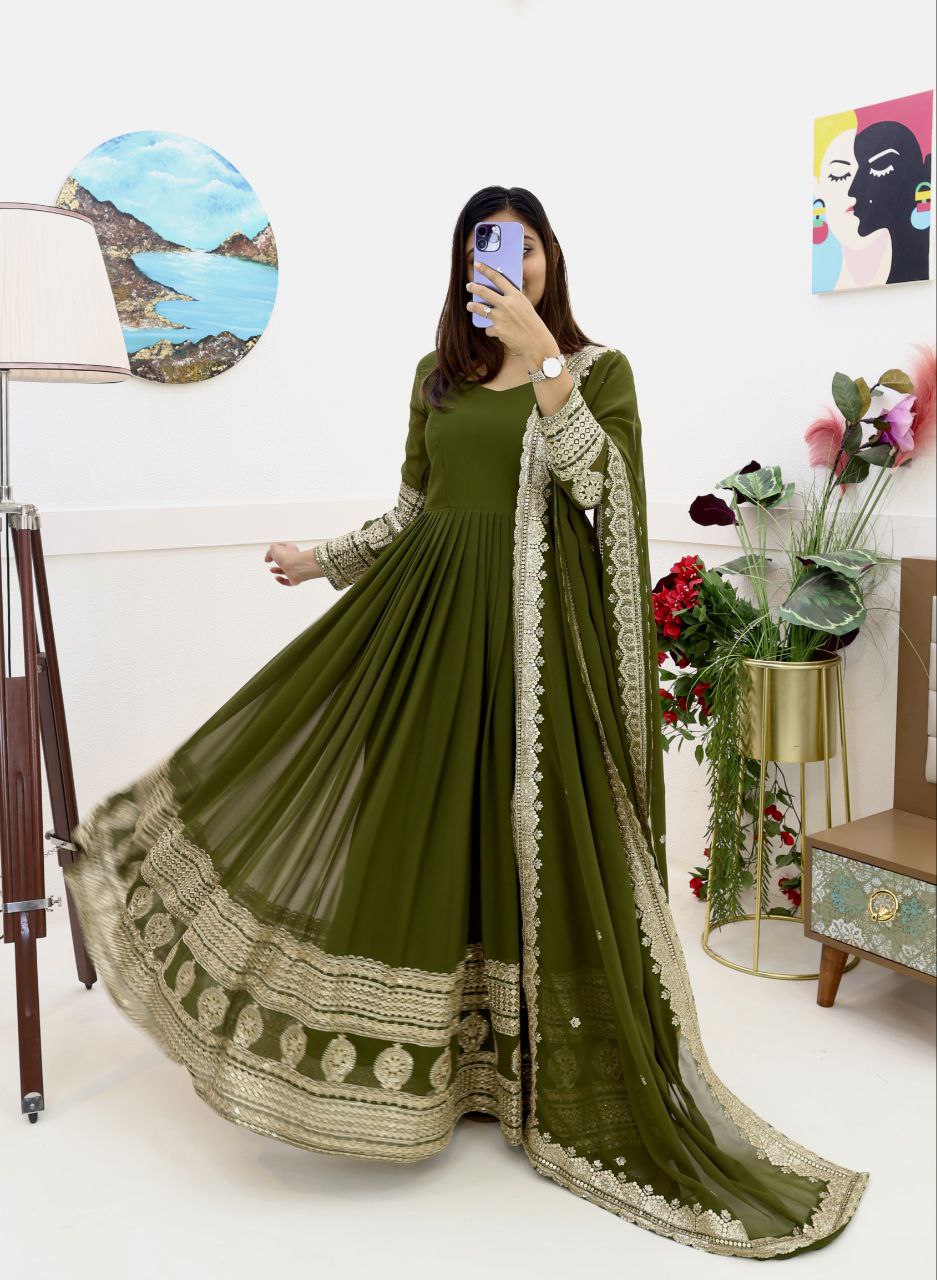 Green Fox Georgette Embroidery Sequence Work Gown