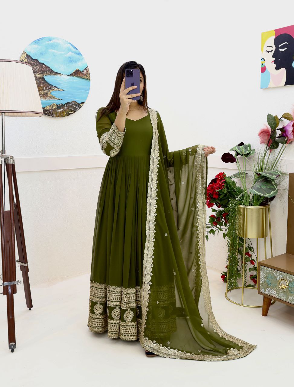 Green Fox Georgette Embroidery Sequence Work Gown