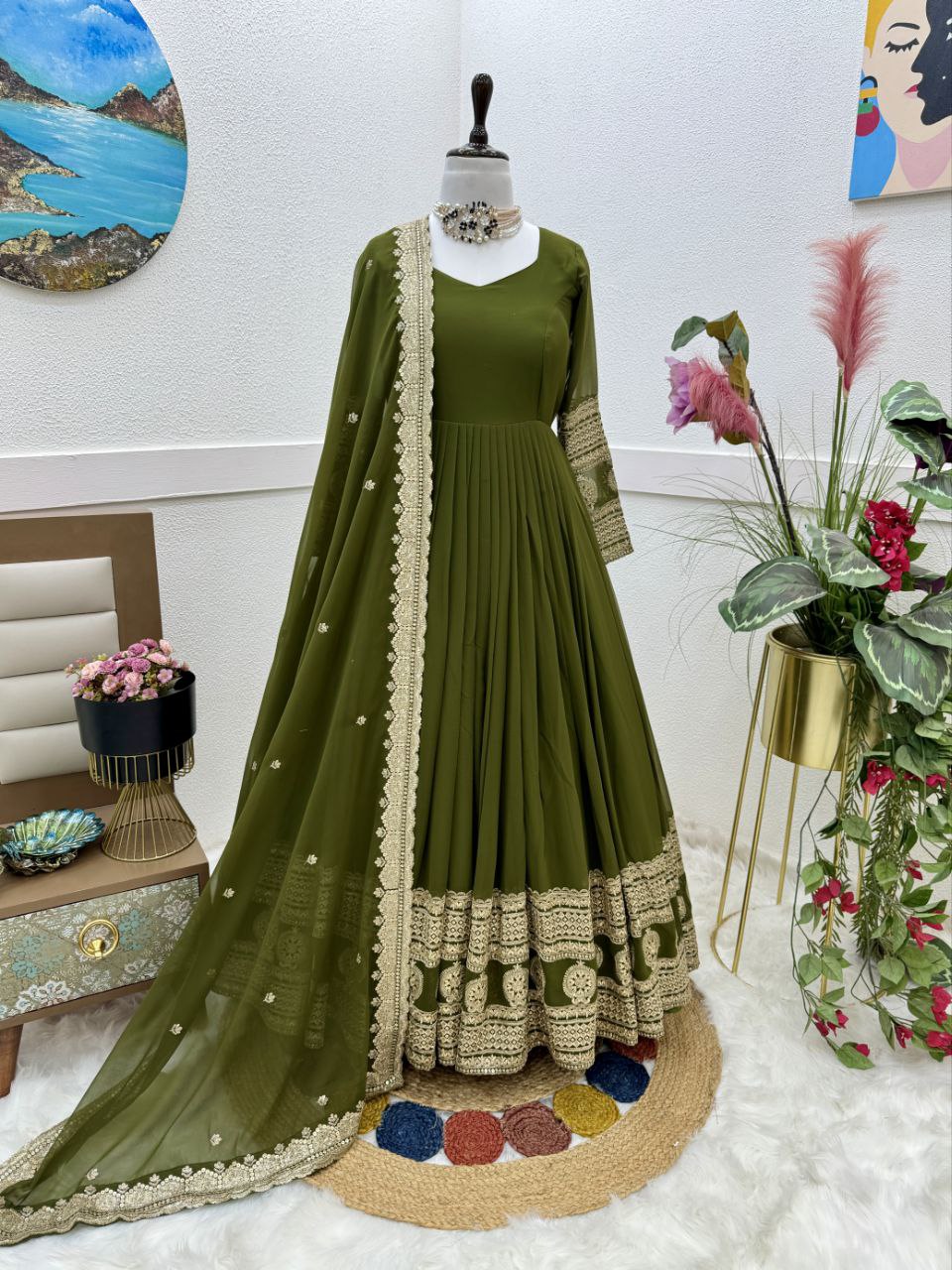 Green Fox Georgette Embroidery Sequence Work Gown