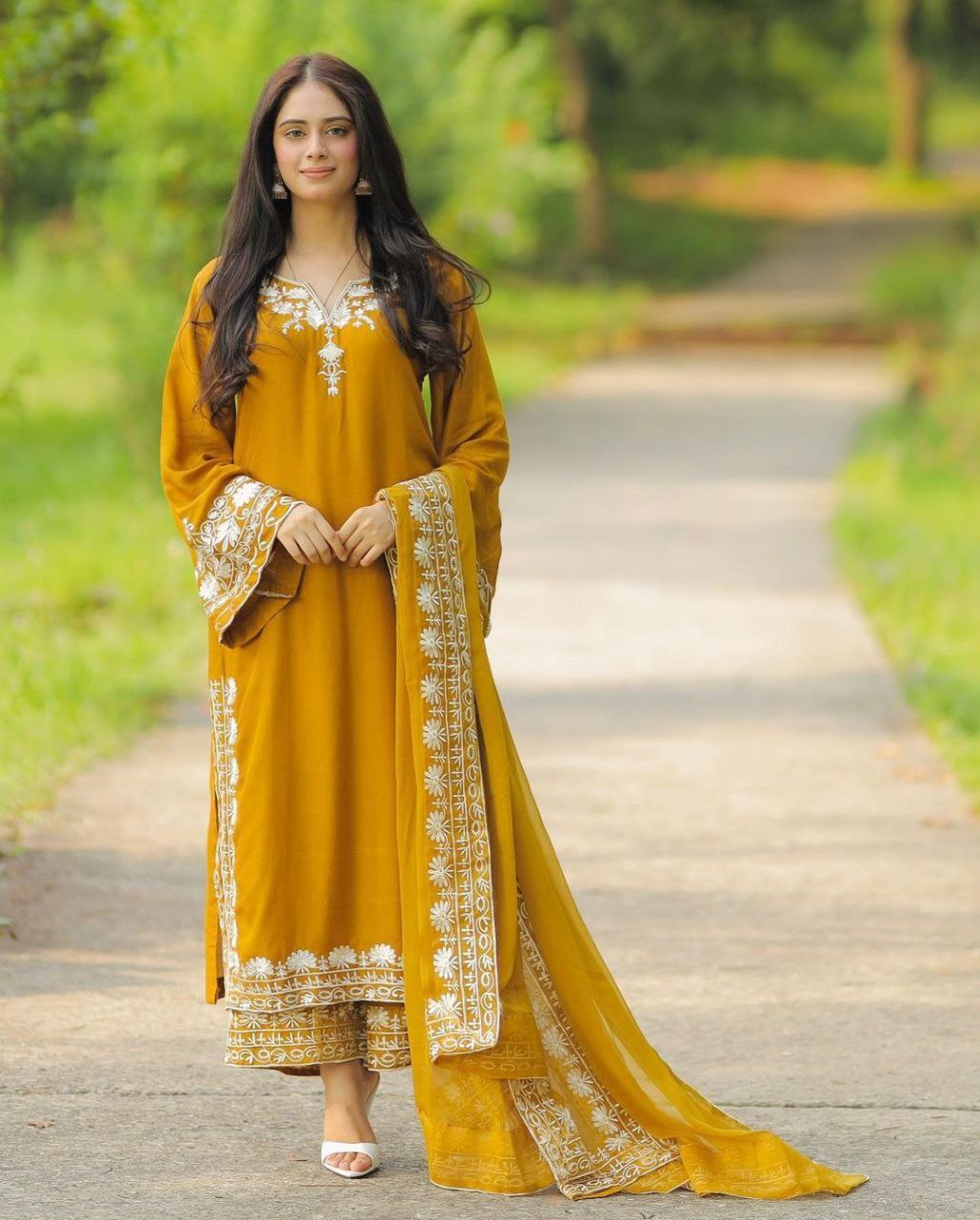 Yellow Maska Silk Embroidery Sharara Suit And Dupatta Set