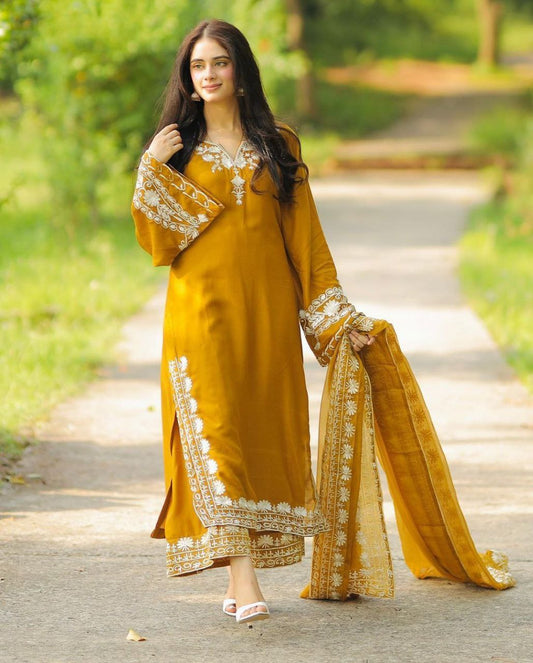 Yellow Maska Silk Embroidery Sharara Suit And Dupatta Set