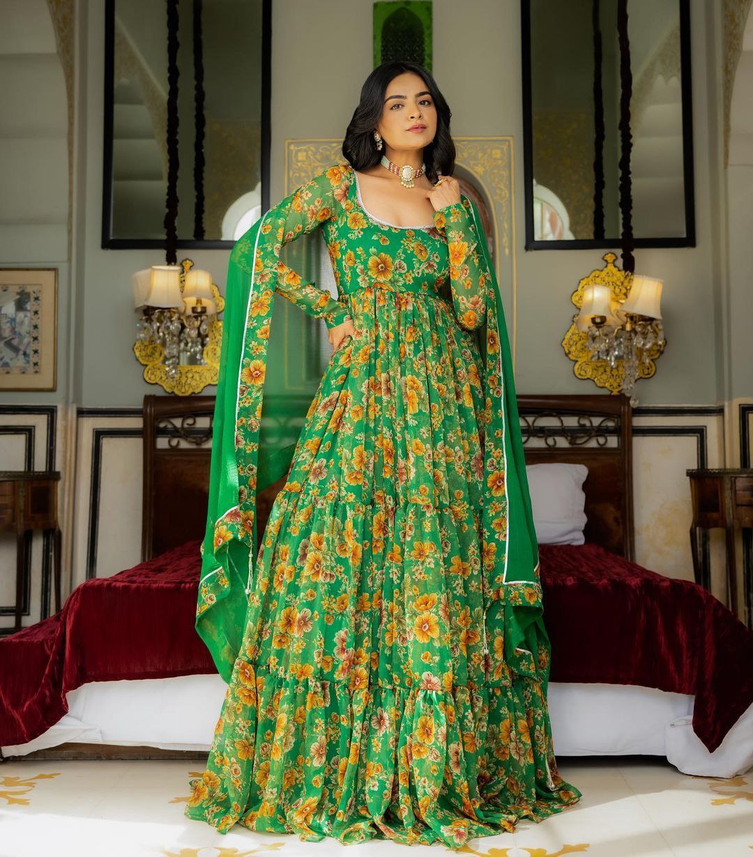 Green Ruffle With digital printed anarkali suit set