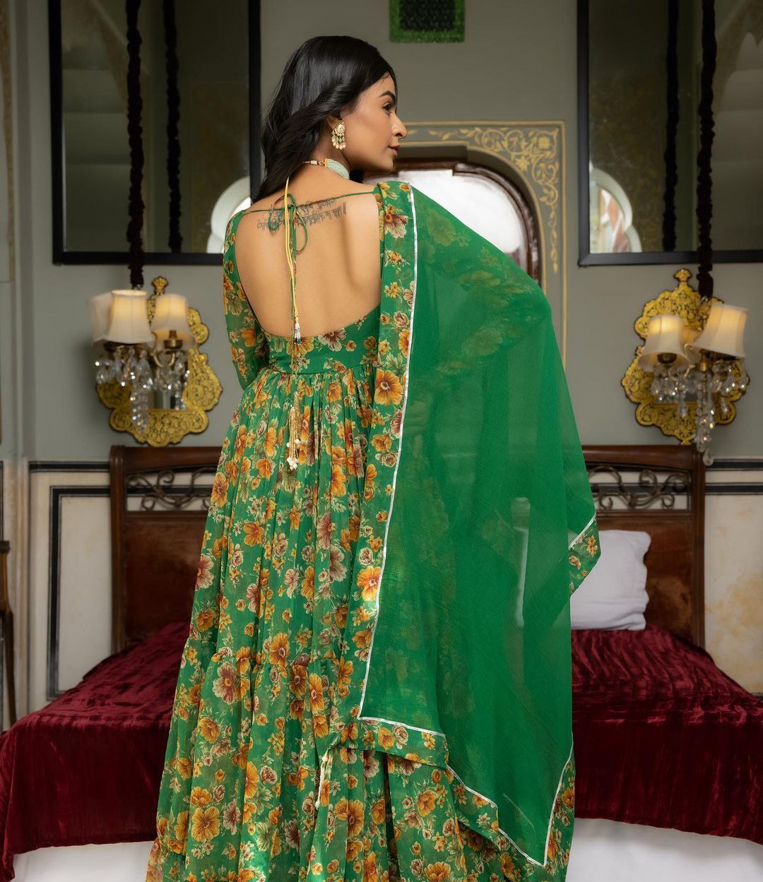 Green Ruffle With digital printed anarkali suit set