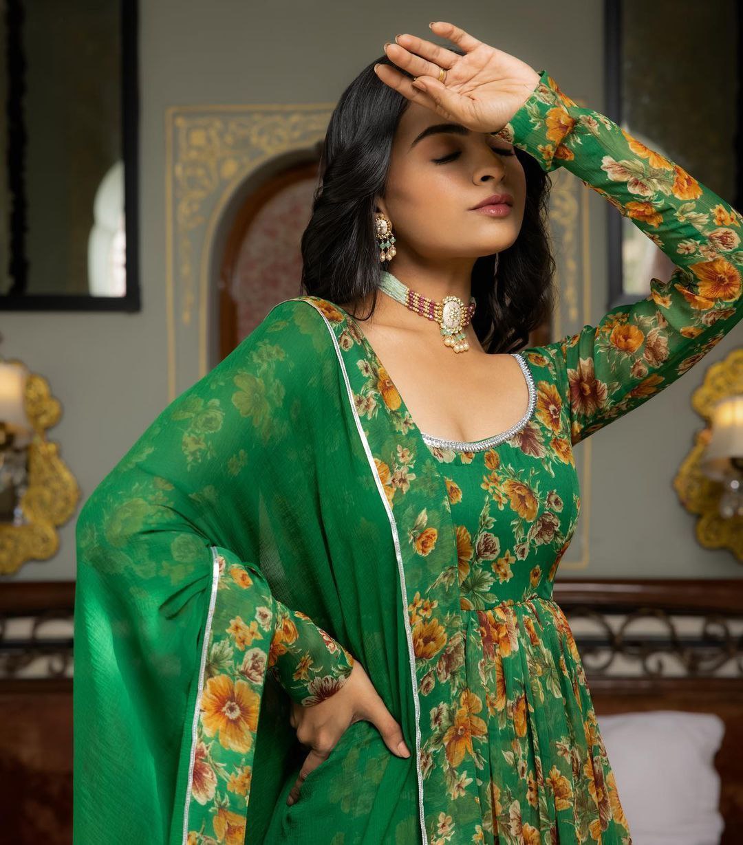 Green Ruffle With digital printed anarkali suit set