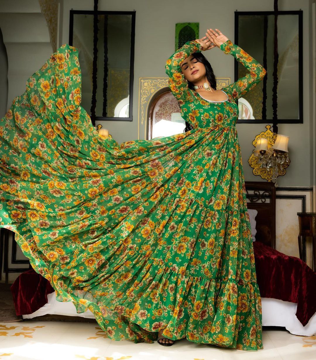 Green Ruffle With digital printed anarkali suit set