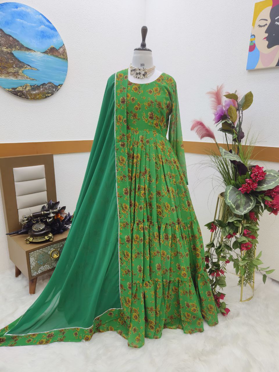 Green Ruffle With digital printed anarkali suit set