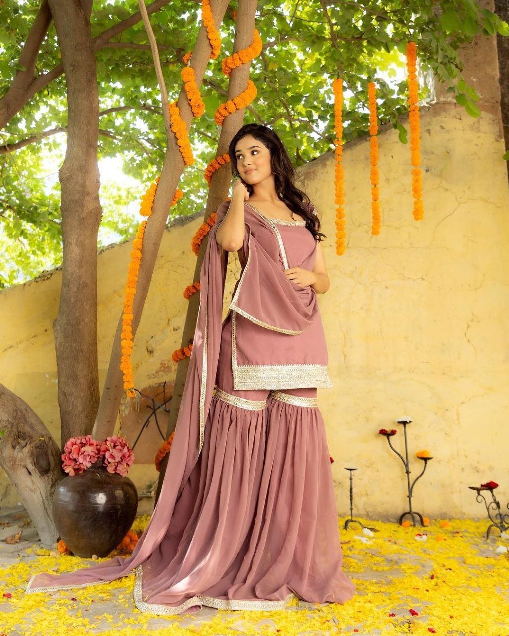 Fox Georgette Less Work Sharara Suit And Dupatta Set