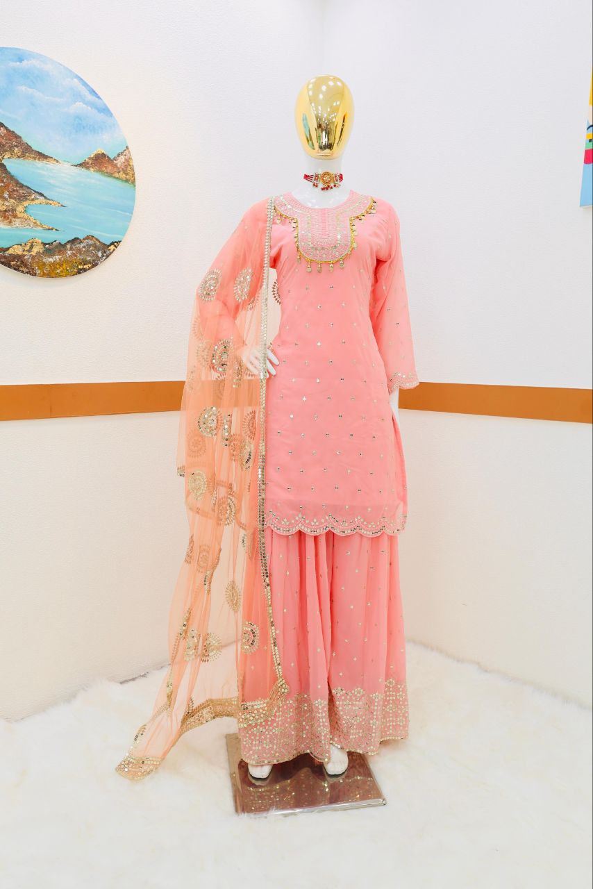 Baby Pink Fox Georgette Embroidery Sequence Work Sharara Suit And Dupatta Set