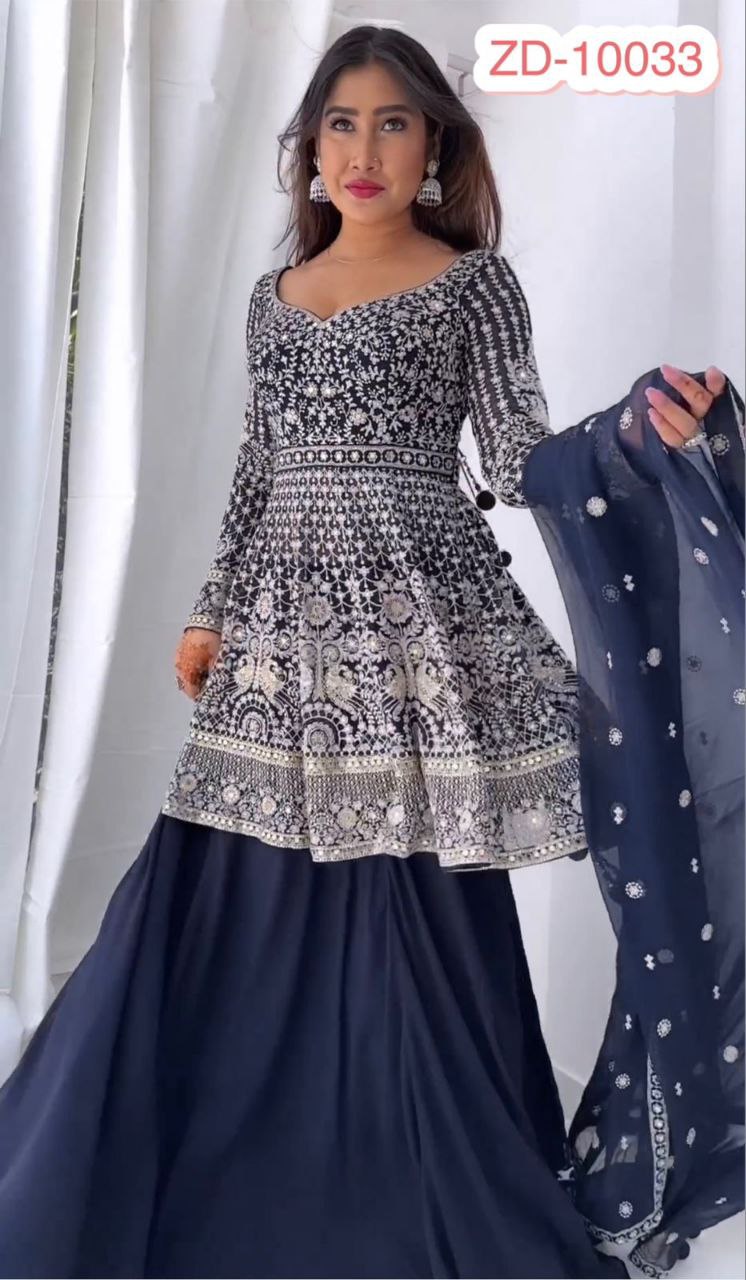 Blue Fox Georgette Embroidery SIQUNCE AND MIRROR Work Sharara Suit And Dupatta Set