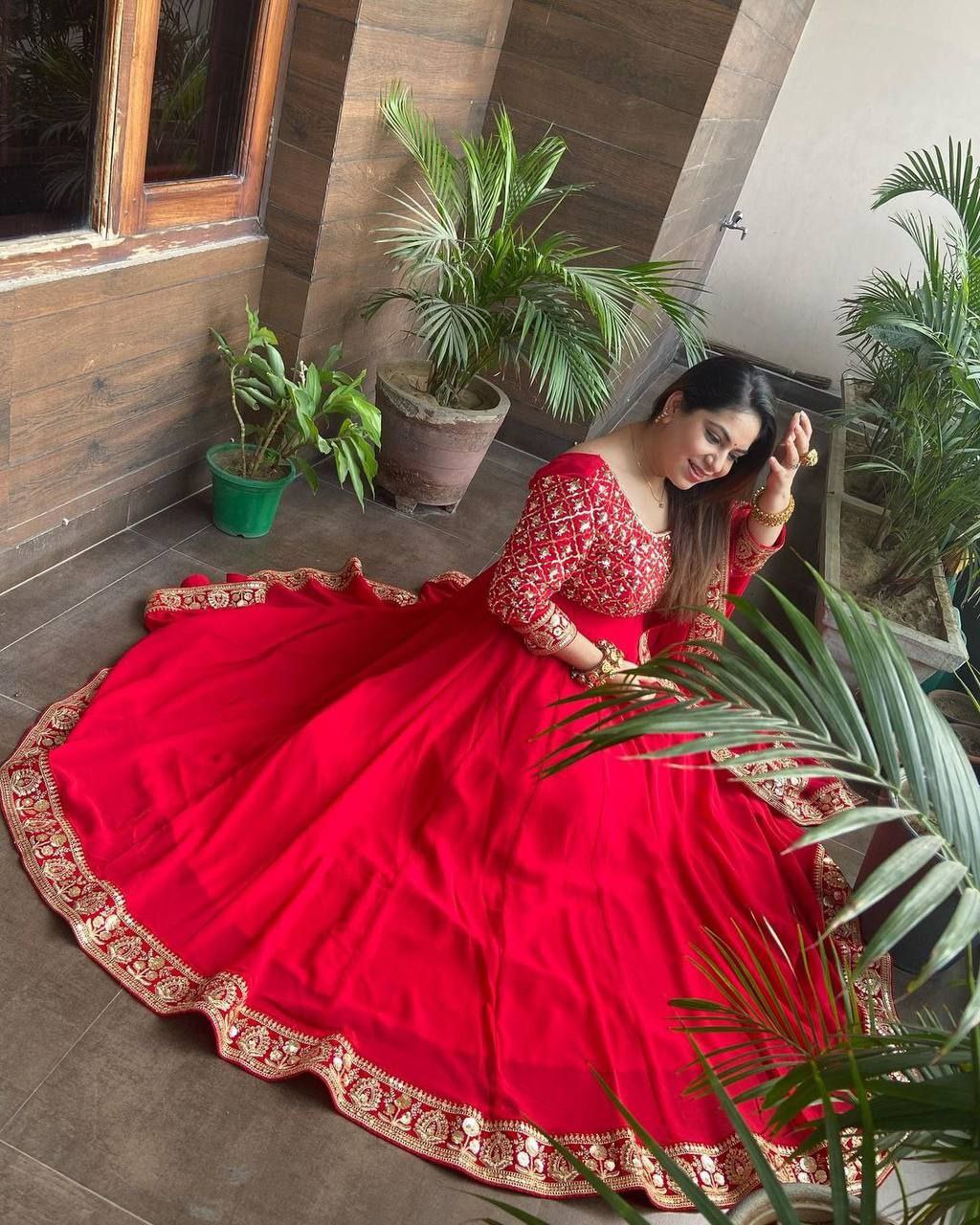 Red Fox Georgette Embroidery Sequence Work Gown With Dupatta