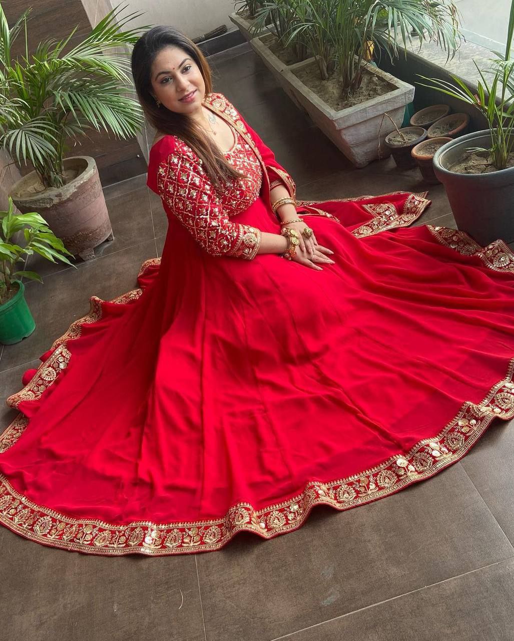 Red Fox Georgette Embroidery Sequence Work Gown With Dupatta