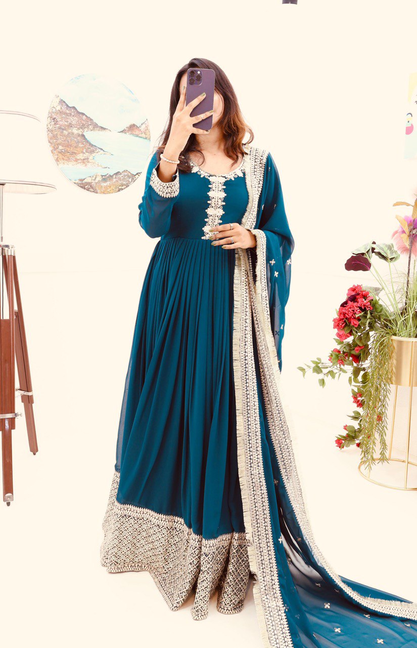 Fox Georgette  Embroidery Siqunce Codding Gown With Dupatta Set