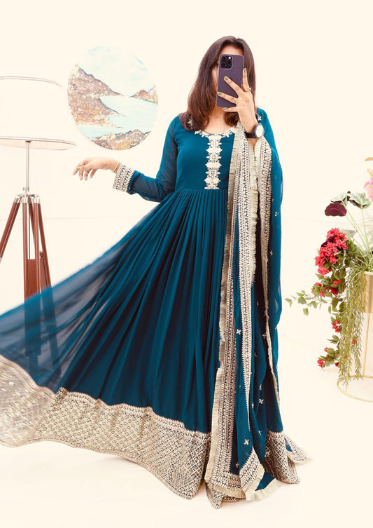 Fox Georgette  Embroidery Siqunce Codding Gown With Dupatta Set