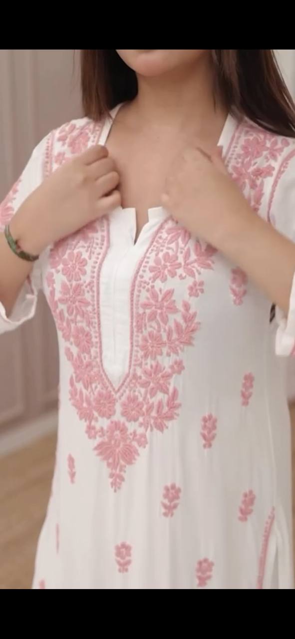 Wisdom White Cotton Chikankari Kurta With Palazzo