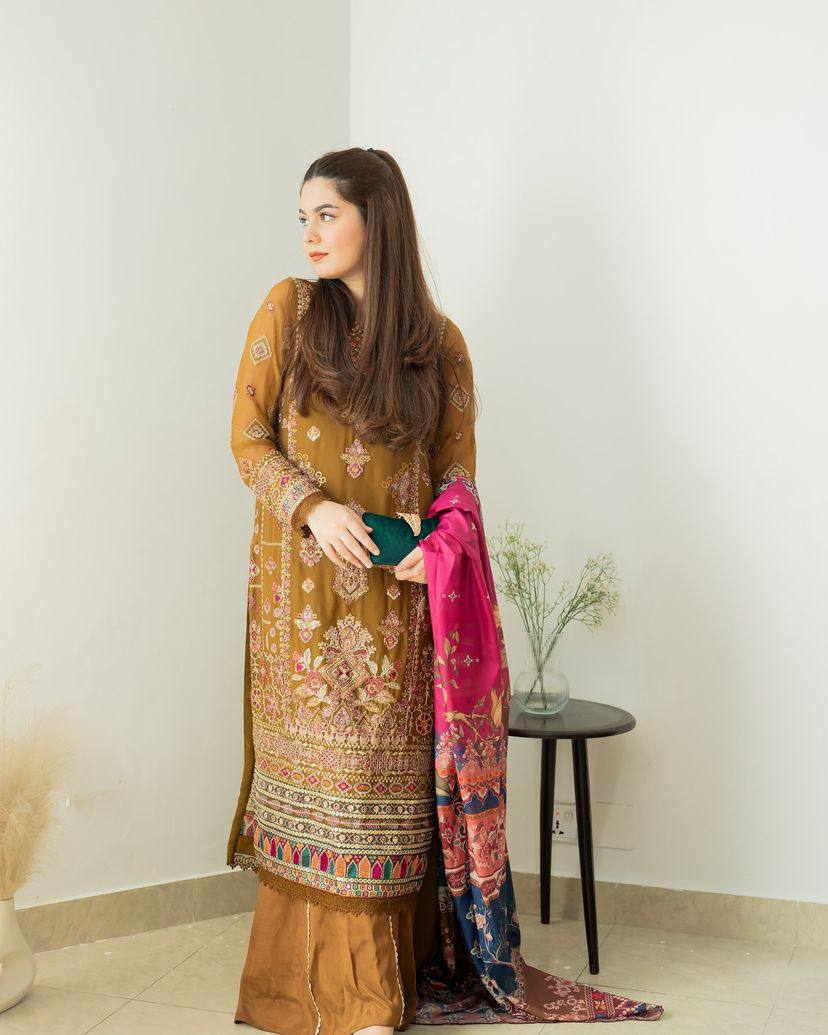 Chinon Embroidery Kurta Dupatta With Plazzo