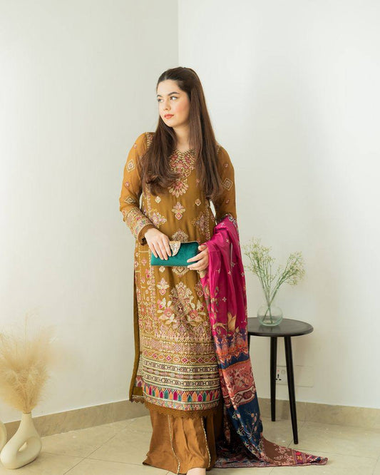 Chinon Embroidery Kurta Dupatta With Plazzo