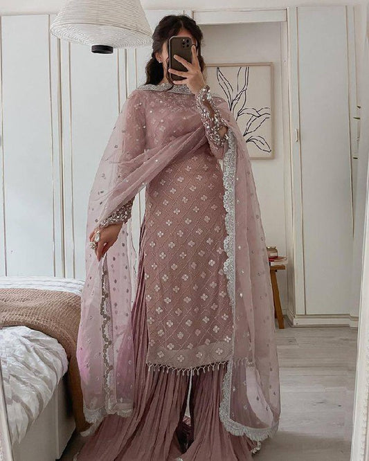 Real Mirror and Siqunce Embroidery Sharara Suit And Dupatta Set