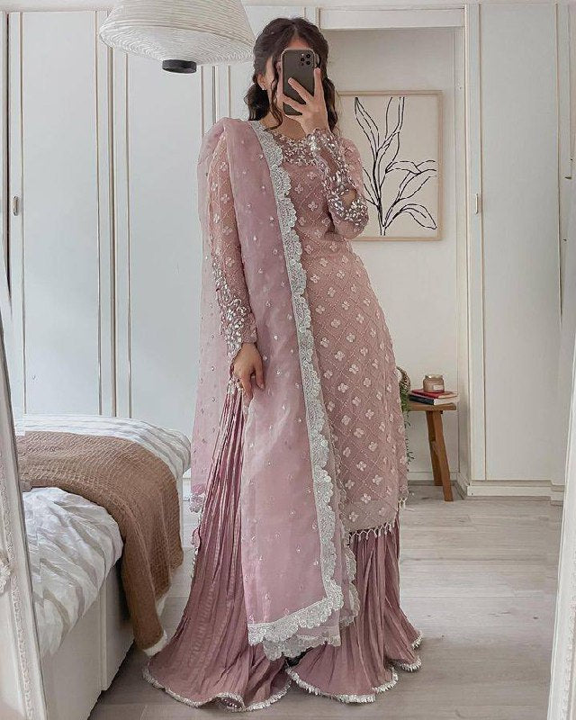 Real Mirror and Siqunce Embroidery Sharara Suit And Dupatta Set