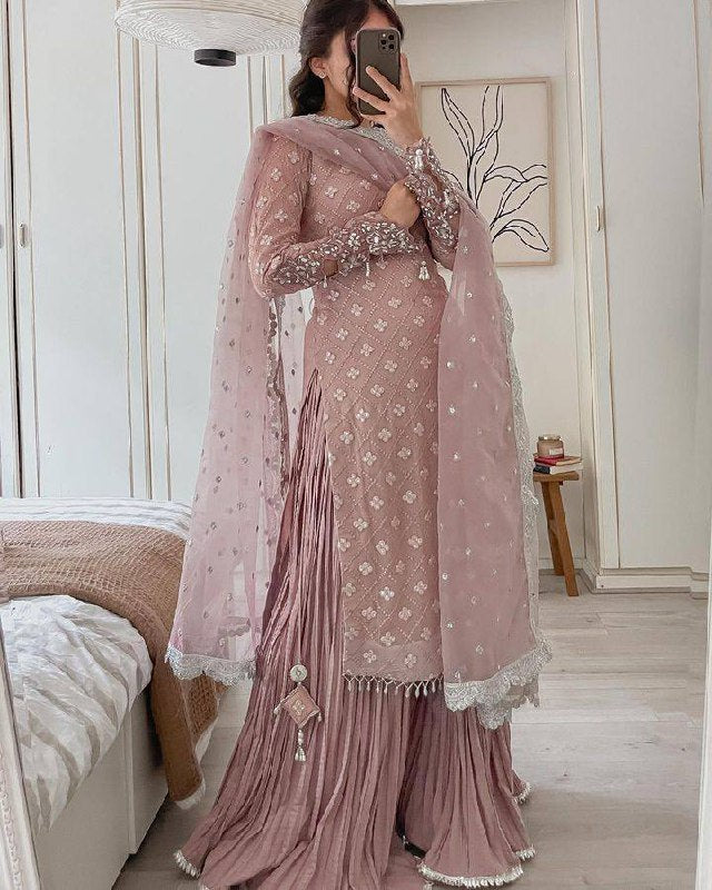 Real Mirror and Siqunce Embroidery Sharara Suit And Dupatta Set