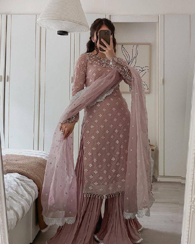 Real Mirror and Siqunce Embroidery Sharara Suit And Dupatta Set