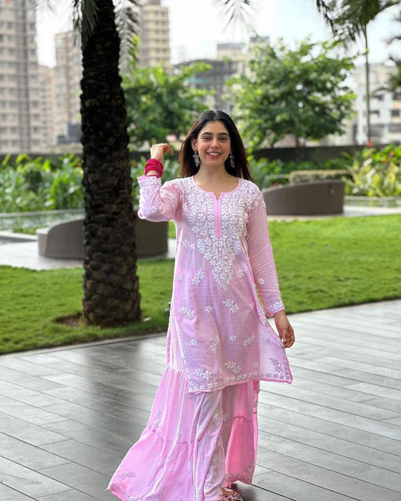 Niti Taylor Pink Rayon  Chikankari Kurta With Palazzo