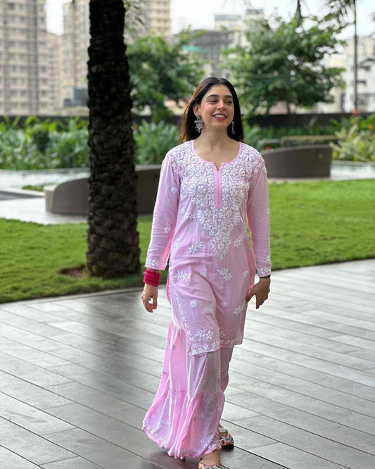 Niti Taylor Pink Rayon  Chikankari Kurta With Palazzo